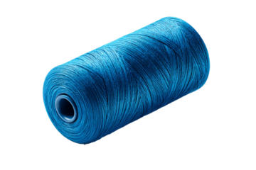 A blue spool of thread is shown on a white background