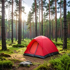A vibrant red camping tent sits nestled amidst tall pine trees in a sun-drenched forest clearing.