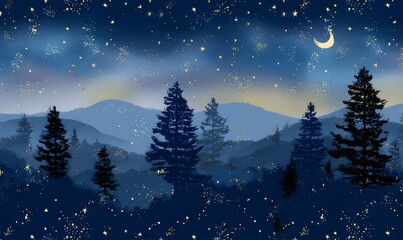 Naklejka premium Seamless camping forest background, dark navy night sky with glowing stars and crescent moon