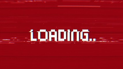 Computer Loading text animation with retro glitch effect on red background. Loop video game concept. - Powered by Adobe