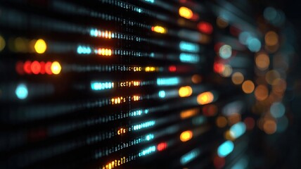 animated display of colorful blinking programming syntax, dark tech screen ambiance, AI and computer science concept, abstract data feed