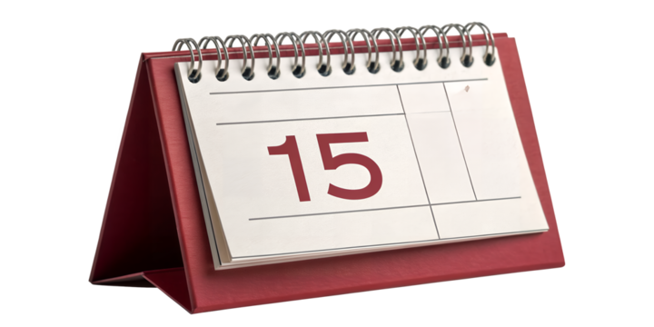 The fifteenth day on calendar: A detailed studio shot of a calendar, prominently displaying the number 15 on its page, signifying a specific date within the month. The calendar rests on a sturdy base.