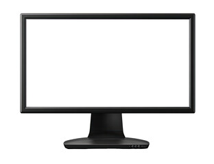 A black computer monitor with a blank white screen.  It's rectangular, and has a dark gray or black base