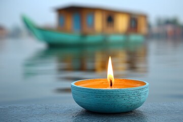 Serene candlelit lantern floating on tranquil lake with boat in background