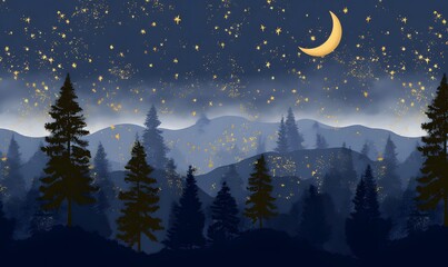 Fototapeta premium Seamless camping forest background, dark navy night sky with glowing stars and crescent moon