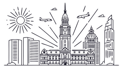 Obraz premium Philadelphia skyline vector for citythemed designs. Perfect for travel brochures, website banners, postcards, and promotional materials for the city.