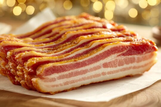 Close-up of thick sliced raw bacon on parchment paper with blurred golden lights background - Powered by Adobe