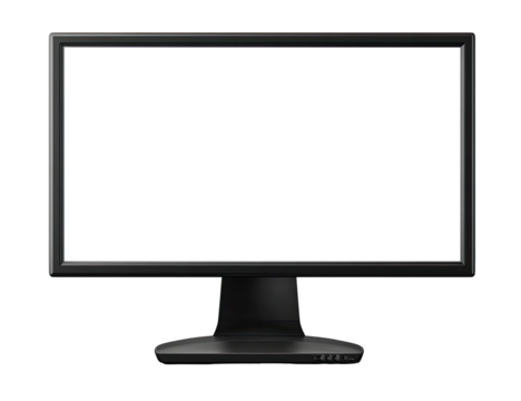 A black computer monitor with a blank white screen.  It's rectangular, and has a dark gray or black base