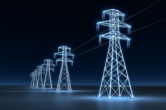Neon electric towers at night in abstract digital landscape