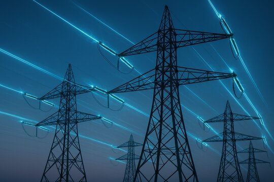 Electricity transmission towers with glowing blue light trails at dusk