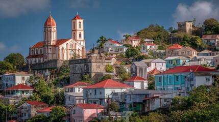 Scenic aerial view of st george&rsquo;s harbor in grenada with colorful houses, tropical hills, calm caribbean sea, and cruise destination atmosphere