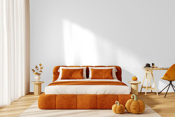 Isolated PNG cozy orange bed with pillows and cute plush pumpkins on transparent background with shadow, autumn Halloween interior decor