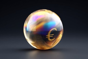 Shiny transparent sphere with euro currency symbol on dark background