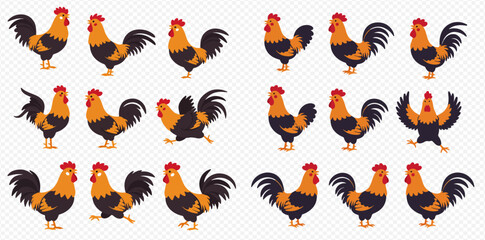 Collection of rooster illustrations in various poses. © ArtLuna Studio