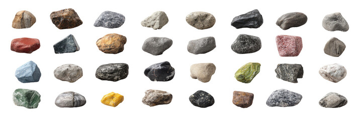 Assorted colorful rocks displayed in a grid pattern