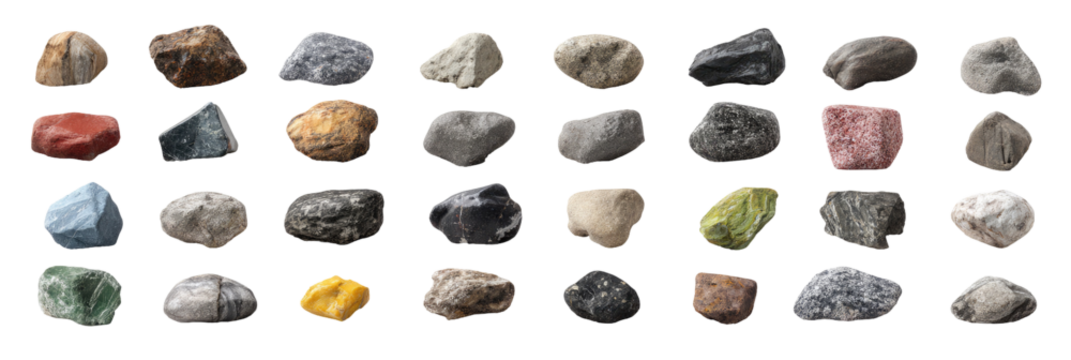 Assorted colorful rocks displayed in a grid pattern