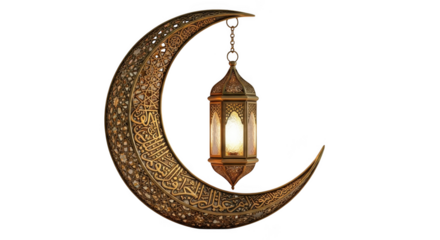 Islamic crescent moon with hanging lantern symbolizing ramadan and eid festive spirit transparent background