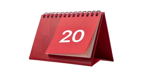 Calendar Day 20: A close-up shot of a vibrant red desk calendar displaying the number 20, set against a clean, neutral backdrop.