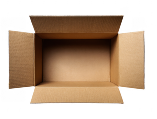 Empty open brown cardboard box viewed from above with flaps fully extended on black