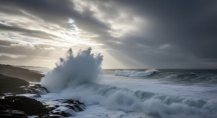 Ocean Wave Crashing on Rocky Coast
