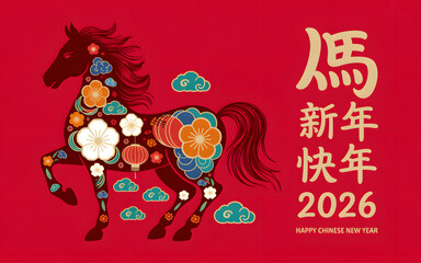Fototapeta premium Vibrant stylized illustration of a decorated horse with floral Chinese motifs on a red background, golden Happy New Year 2026 text, and festive clouds in traditional paper-cut style