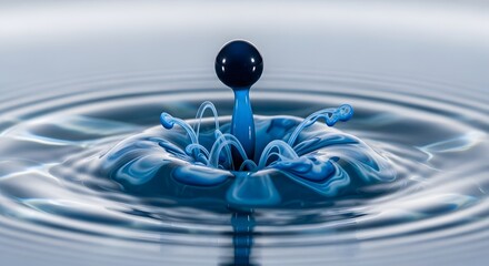 Water Drop Impact Creates Blue Splash and Ripples