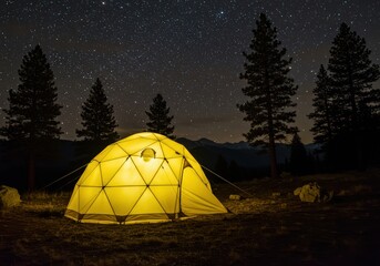 Illuminated tent under a starry sky surrounded by tall trees in a dark outdoor environment scene