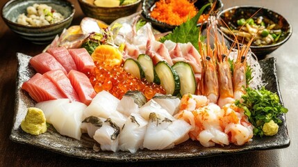 Assorted Fresh Seafood Platter Featuring Tuna Salmon Shrimp and Various Fish on a Textured Plate Accompanied by Condiments