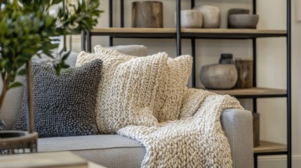 Interior View of Gray Sofa with Pillows and Blanket and Wooden Shelves with Decorative Objects in Background