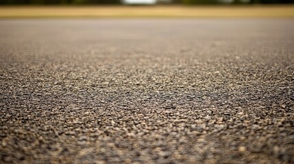 Close Up of Dark Asphalt Road Surface Texture and Fine Gravel with Blurred Green Field Under Bright Sunlight in Horizontal Full Frame Perspective