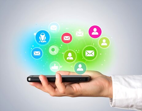 Hand holding a phone with social media icons