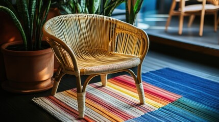 Wicker Armchair Displayed on Colorful Rug in Modern Interior Decor with Plants and Natural Light Indoor Furniture Arrangement and Minimalist Style