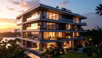 Obraz premium Modern apartment building at sunset overlooking water