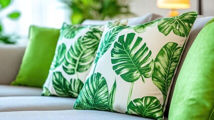 Green Leaf Patterned Pillows on Grey Sofa in Bright Living Room a Stylish Interior Design Featuring Modern Home Decor with Tropical Accents and Cozy Relaxation