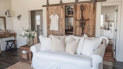 Living Room with Rustic Sliding Doors White Sofa and Wooden Accents with a Table Chest of Drawers and Decorative Elements in an Airy Setting