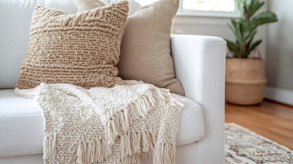 Cozy Living Room Featuring Textured Pillows and Cream Throw Blanket on White Sofa With Woven Plant Basket and Wooden Floor