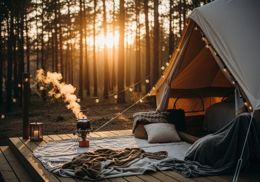 A camping scene with a tent on a wooden platform and a kettle steaming in a forest at sunset