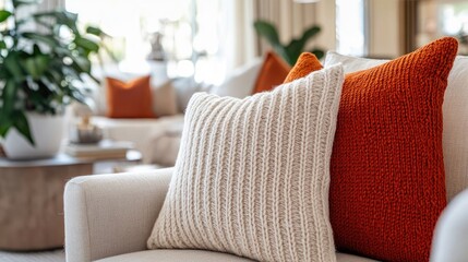 Elegant Interior of a Modern Living Room with Textured Beige and Orange Pillows on a Sofa with Natural Light