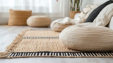 Cozy Room Featuring Woven Jute Rug with Cushions and Baskets in Neutral Tones Under Soft Daylight Minimalist Interior Decor and Wooden Floor