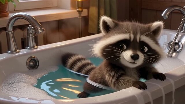 Niedlicher Waschb&auml;r in einer Badewanne