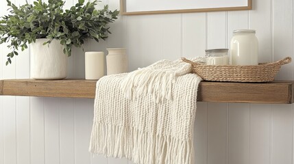 Rustic Wooden Shelf with White Knitted Blanket and Decorative Elements Against a White Panelled Wall in a Cozy Interior Scene with Natural Light