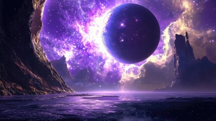 Abstract Cosmic Landscape with a Glowing Purple Nebula and Spherical Celestial Body Floating Above a Water Surface