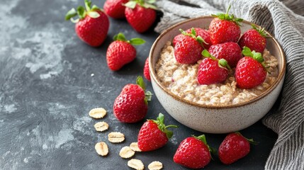 Bowl of Oatmeal Topped with Bright Red Strawberries on a Dark Grey Surface with a Folded Linen Napkin Enhancing the Freshness and Visual Appeal