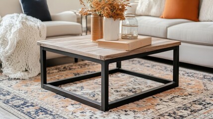 Square Coffee Table with Floral Centerpiece and Knitted Blanket in Neutral Colored Living Room With Patterned Rug