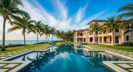 Fototapeta premium Oceanfront Luxury Villa with Swimming Pool and Palm Trees