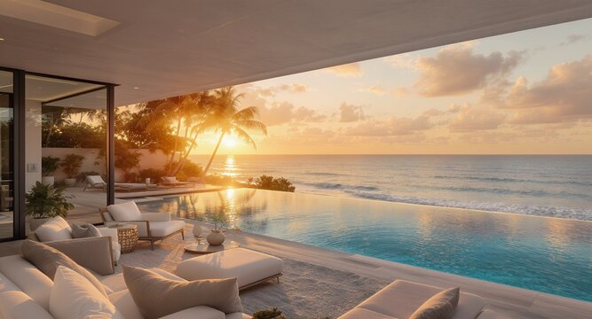 Oceanfront Luxury Villa Sunset View with Infinity Pool and Lounge Area