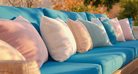 Obraz premium Outdoor furniture cushions, teal sofa, pastel pillows, summer relaxation, home decor, garden furniture, patio design, comfort, cozy, home textiles, 