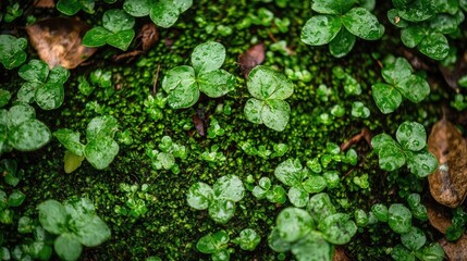 Vibrant Green Moss and Shamrock Leaves Covering Forest Ground Texture Nature Background and Detailed Surface Organic Growth