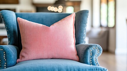 Blue Armchair with Rose Gold Sequin Pillow in Bright Home Interior Setting Creating a Cozy and Inviting Ambiance