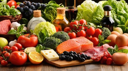 Nutritious Still Life Featuring Salmon and Assorted Vegetables with Fresh Greens Tomatoes and Grapes on Wooden Table with Studio Lighting
